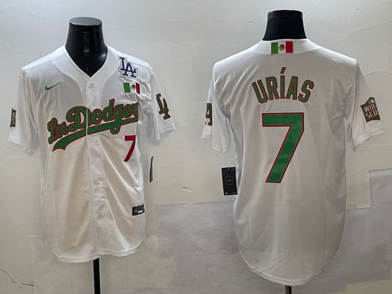 Men Los Angeles Dodgers #7 Urias White Green Game 2025 Nike MLB Jersey style 3203
